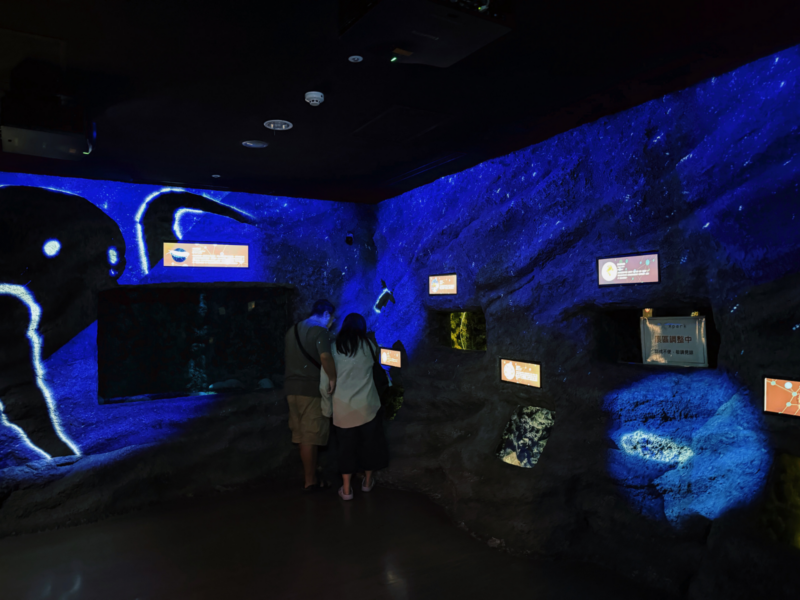 2026桃園水族館Xpark體驗心得:13展區亮點/便宜門票/表演時間/餐廳與停車攻略 26 Xpark深海尋秘幽暗之淵展區的藍光岩洞水槽與解說螢幕