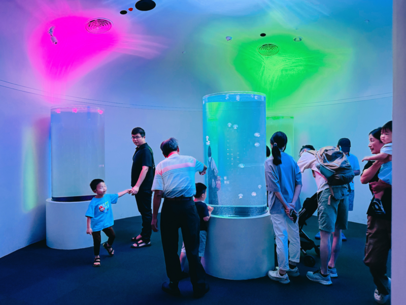 2026台中海洋館必看9大展區攻略!便宜門票/預約方式/海線一日遊路線推薦-TaichungAquarium 24 台中海洋館水母區圓柱展缸,粉紅與綠色燈光映照天花板及周圍遊客